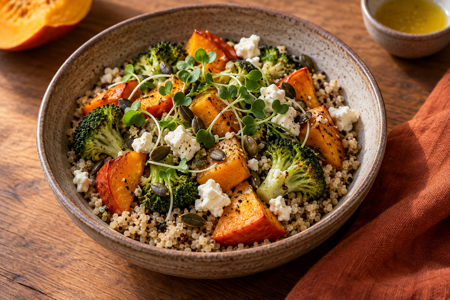 Kürbis-Feta-Quinoa-Bowl – KI-generiertes Servierbeispiel