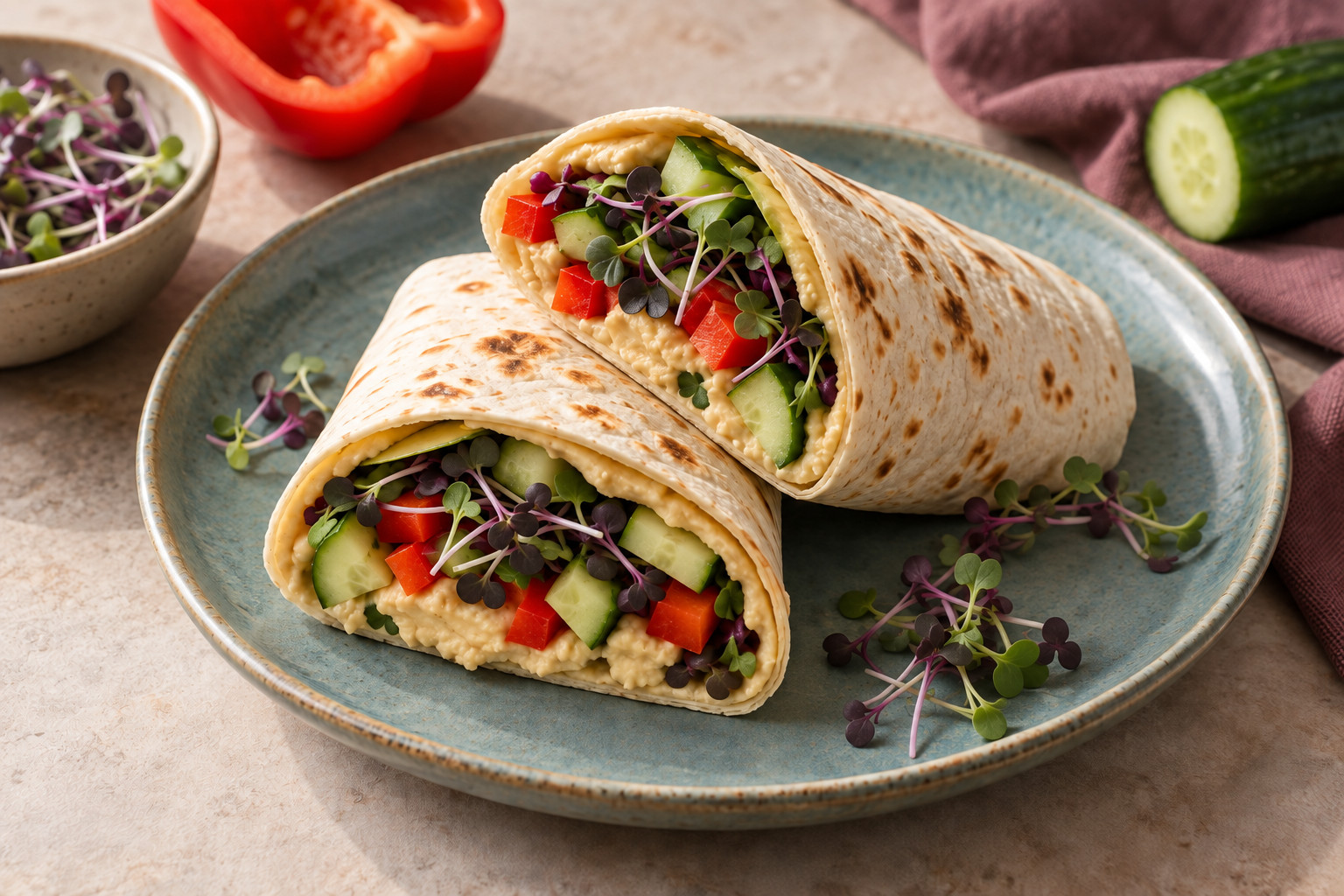 Hummus-Wrap bunt – KI-generiertes Servierbeispiel
