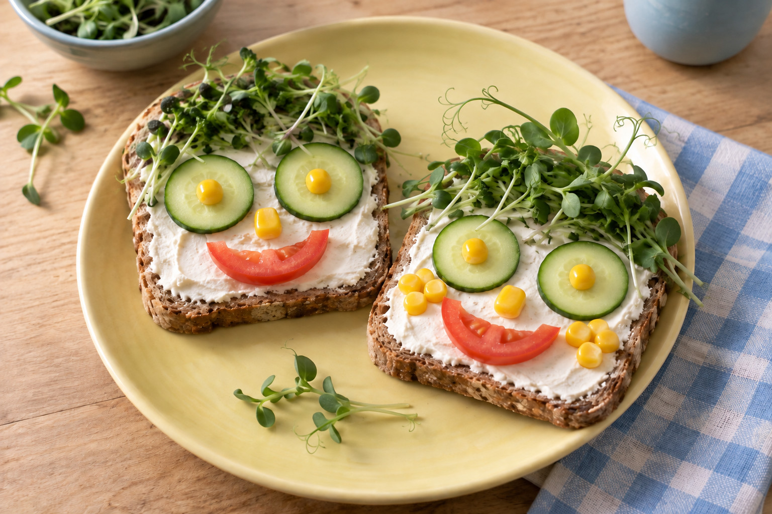Lustige Brotgesichter – KI-generiertes Servierbeispiel