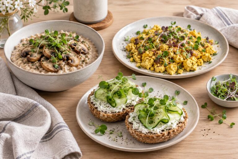 Pilz-Porridge, Rührtofu und Kräuterquark-Brötchen mit Microgreens – KI-generiertes Servierbeispiel